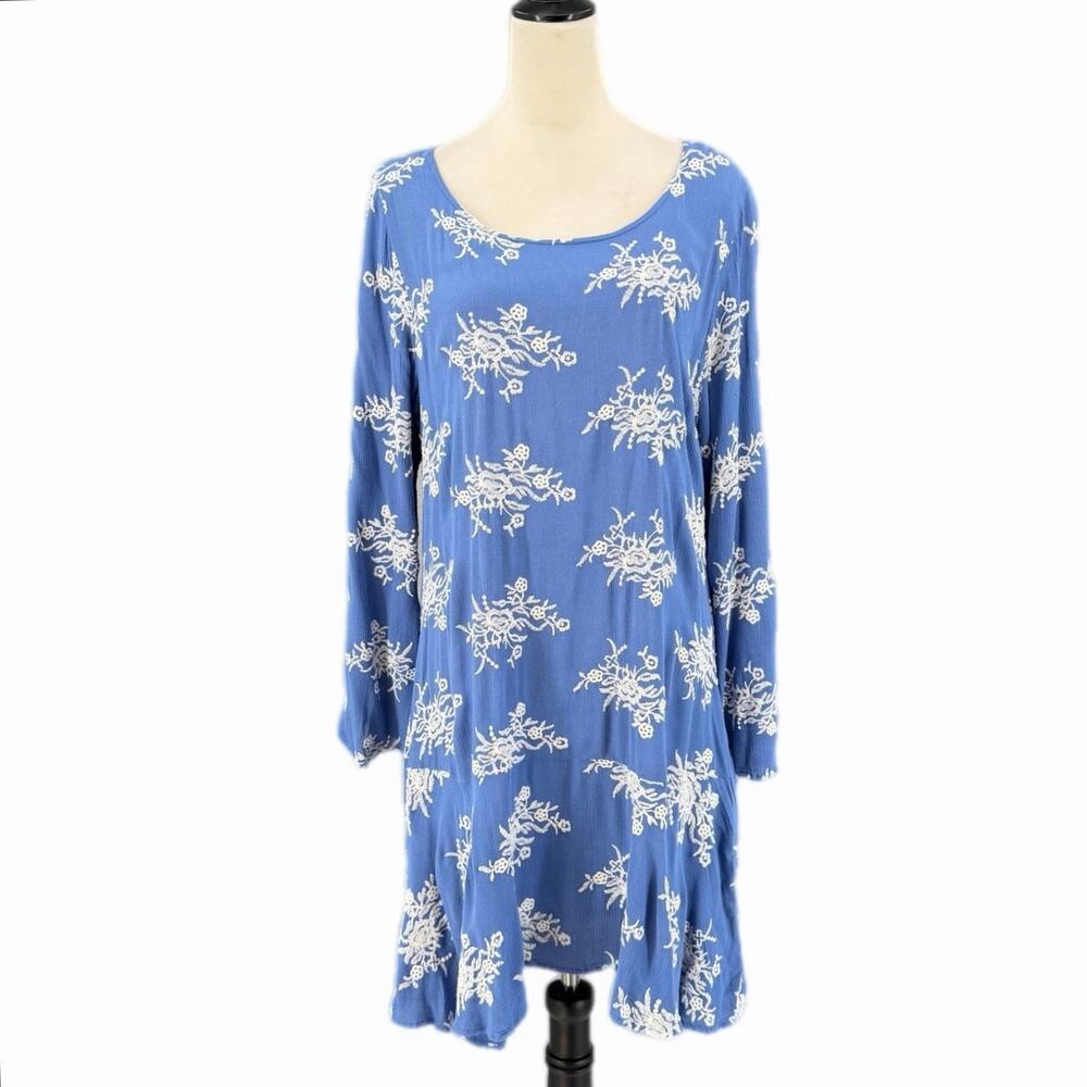 Uncle Frank NEW Blue White Floral Embroidered Boho Western Open Back Mini Dress